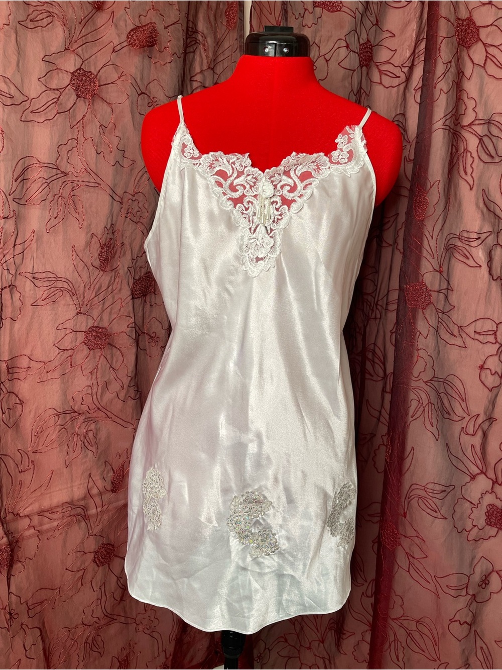 Vintage Frederick's of Hollywood Bridal White Satin Lace-Trim Slip